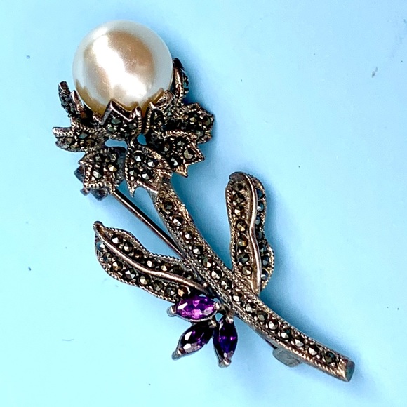 VTG 925 Pearl & Marcasite Flower Stem Silver Brooch Lapel Pin - Picture 2 of 6